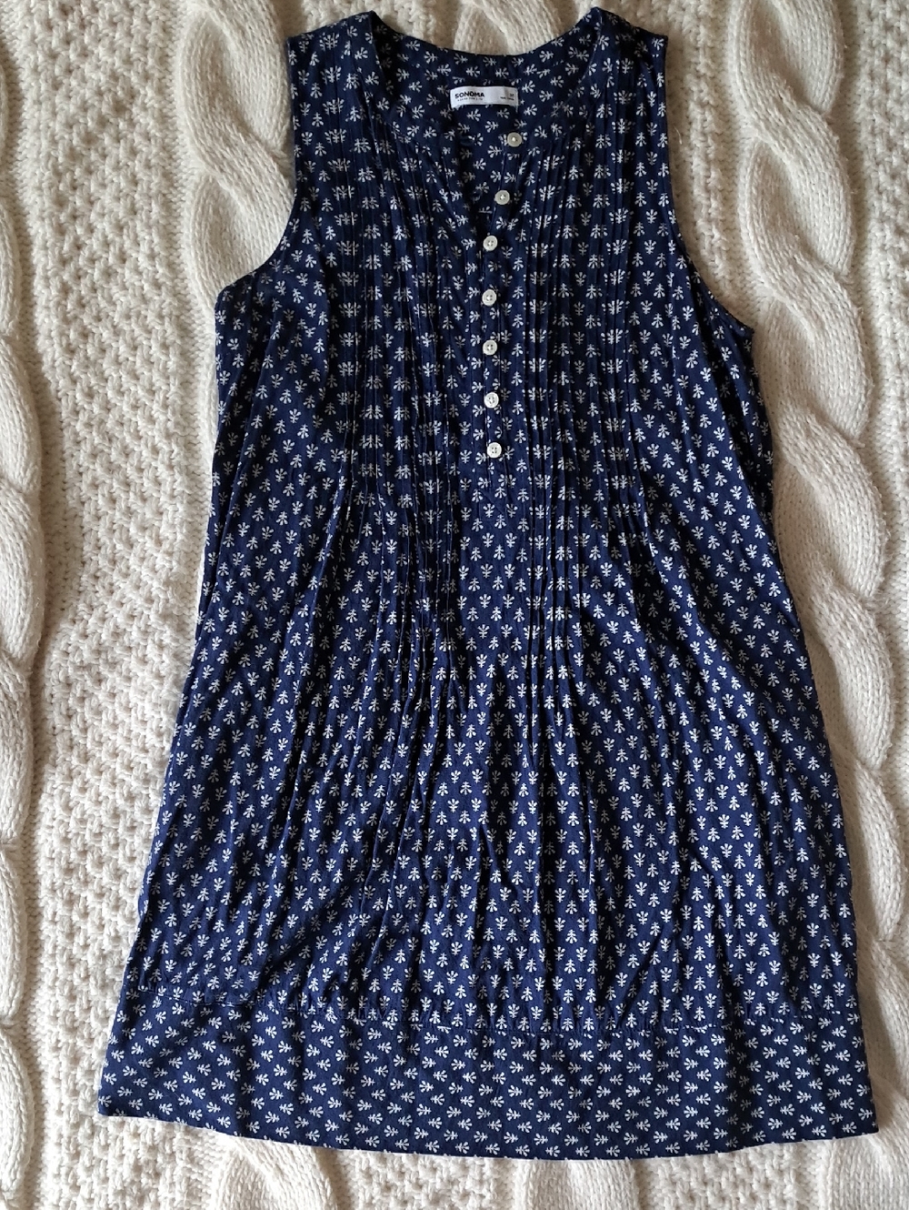 Sonoma Navy Blue Sleeveless Button-Front Shift Dress with White Floral Print